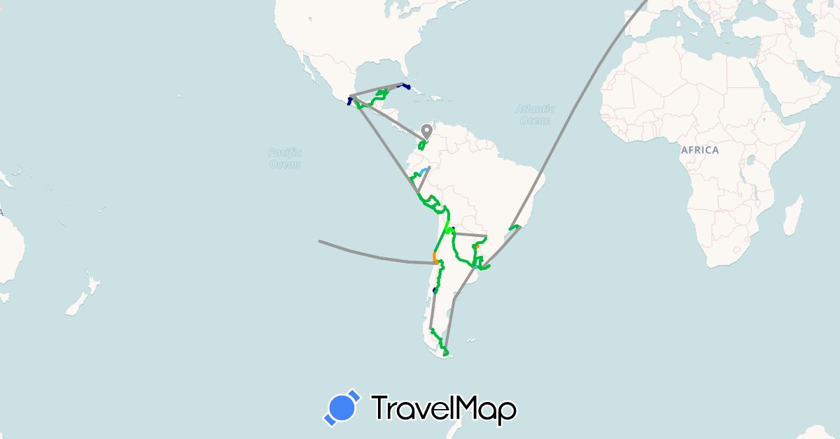 TravelMap itinerary: driving, bus, plane, hiking, boat, hitchhiking, 4x4 in Argentina, Bolivia, Brazil, Chile, Colombia, Cuba, France, Mexico, Peru, Uruguay (Europe, North America, South America)